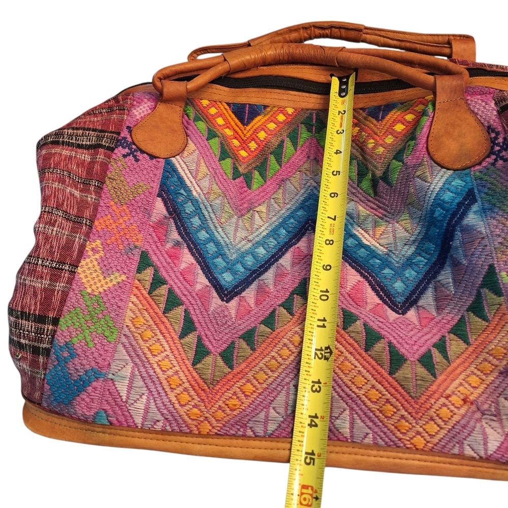 Huipil and Leather Day Bag Boho Weekender Guatemala Large Colorful Unused - Picture 14 of 16